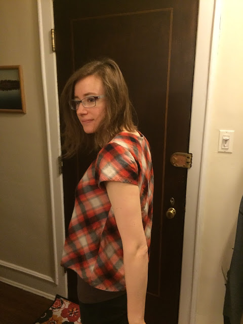 Grainline Scout Tee side view in plaid flannel, showing the high-low hem (and zero attempt at pattern matching)