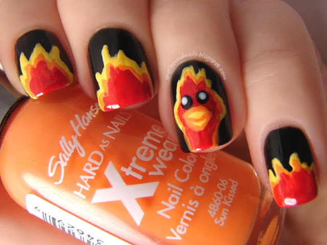 nails nailart nail art polish mani manicure Spellbound ABC Challenge P is for Phoenix Harry Potter Fawkes flames red yellow orange black Wet n Wild I red a good book Sally Hansen Sun Kissed Lightening white L.A. Colors fire