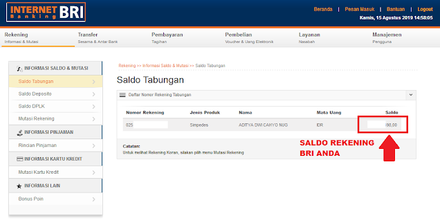 Cara Cek Saldo Rekening BRI di Internet Banking BRI - Menu Informasi Saldo Tabungan Internet Banking BRI