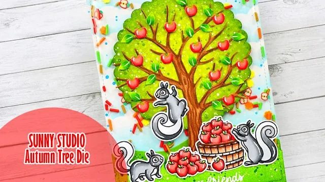 Sunny Studio Stamps: Autumn Tree Die Focused Card by Marine Simon (featuring Squirrel Friends, Scalloped Circle Mat Dies)