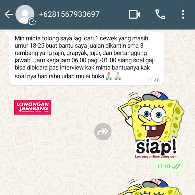 Lowongan Kerja Pegawai Kantin SMA 3 Rembang Tanpa Syarat Ijazah