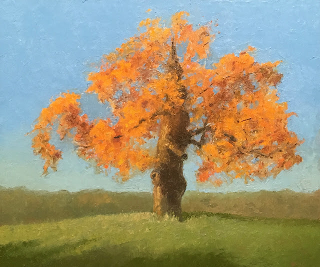 Oil painting of oak tree, partially destroyed, with brilliant orange leaves on its remaining branches.
