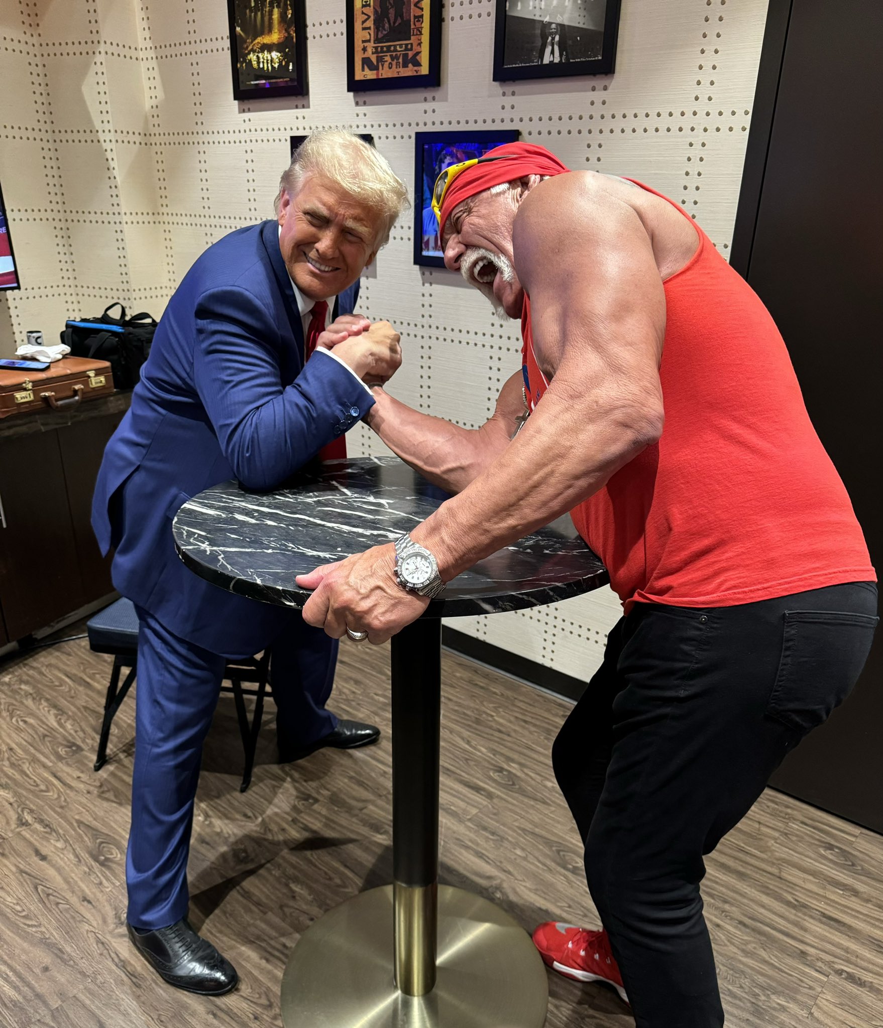 Donald Trump engages Hulk Hogan in arm wrestling