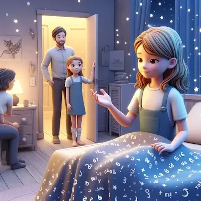 Küçük bir kız çocuğu, yatarken ailesine iyi geceler diyor görselidir.