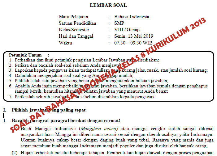 Soal Dan Kunci Jawaban Pat Bahasa Indonesia Smp Kelas 8