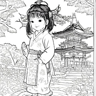 Japanese girl stands near Pagoda coloring page