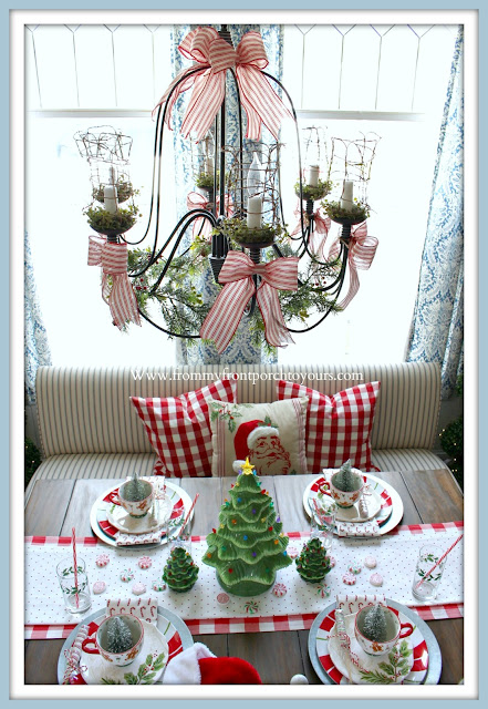 Cottage- Farmhouse -Christmas- Breakfast -Nook-Red- Ticking -Stripe-Bows-From My Front Porch To Yours