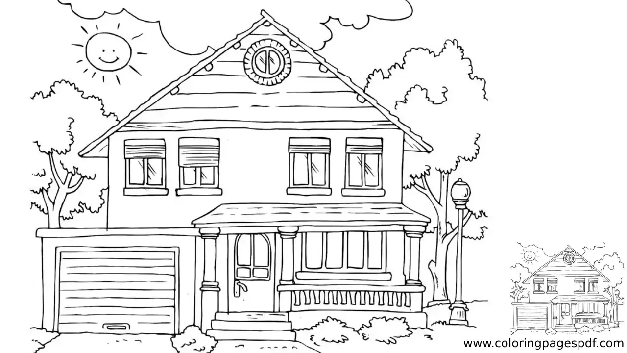 Coloring Page Of A House In A Sunny Day