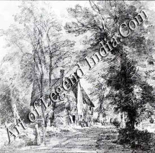 Stratford St Mary, This pencil and wash sketch shows the house once known as Old Valley Farm, on the road towards Dedham from Stratford St Mary. Constable sketched the house twice in 1827. 