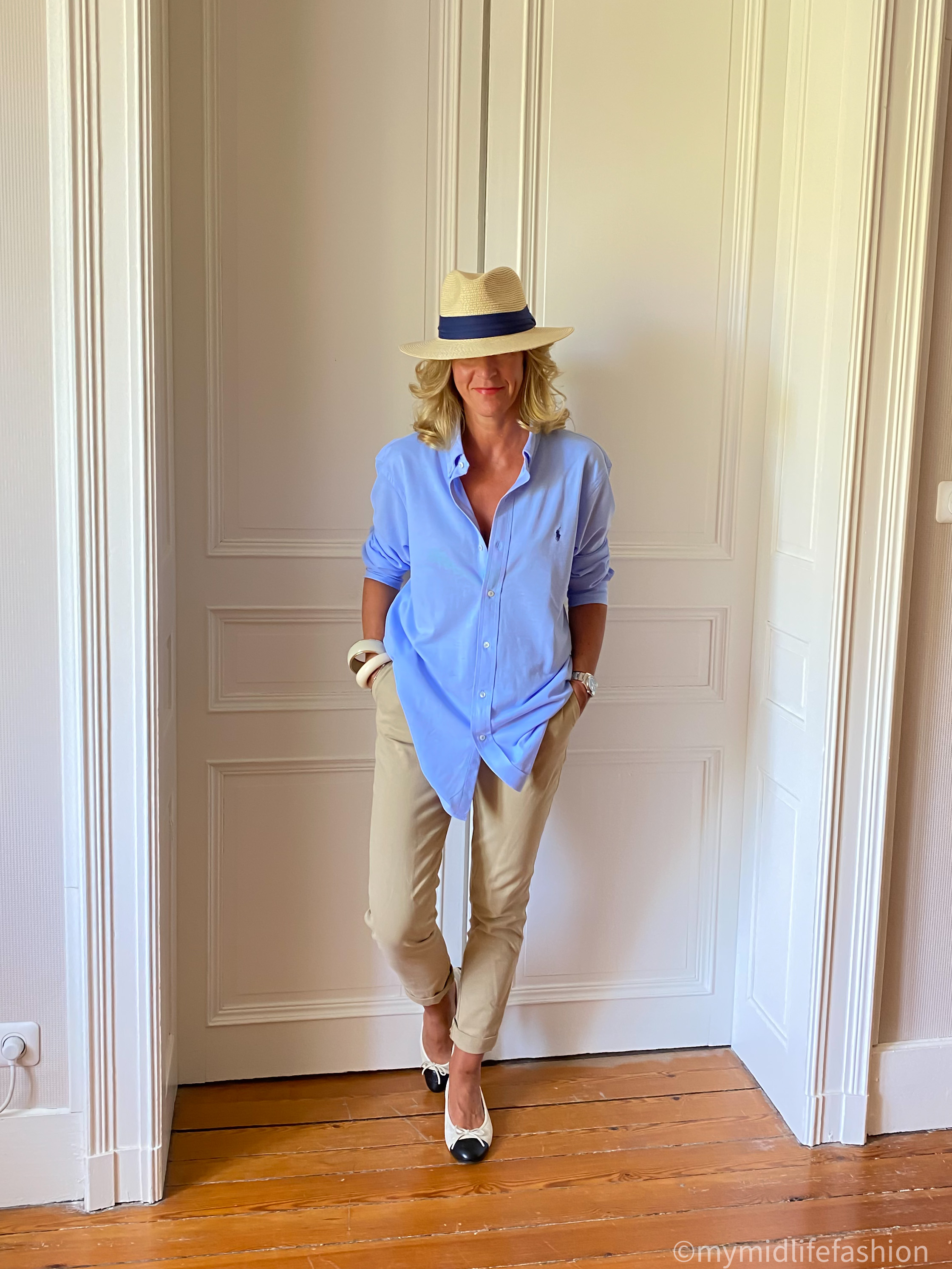 my midlife fashion, Ralph Lauren knit Oxford shirt, baukjen Tate slim fit chinos, amazon Panama hat, Chanel two tone ballet pumps