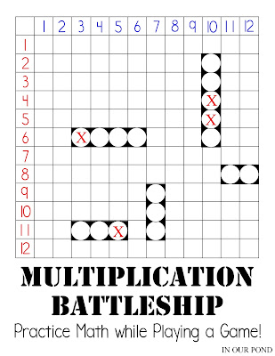 Multiplication Battleship for Math Practice from In Our Pond.  Multiplication facts from 0 to 144 and 5 battleships per player.  Print and play with ease.  Great for a classroom.