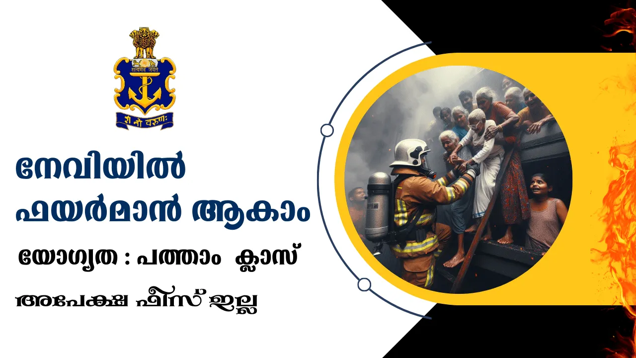 Indian Navy Fireman Recruitment Notification 2024: Qualification details and No application fees shown in the text. Illustration of a firefighter rescuing people. Indian Navy logo also given.