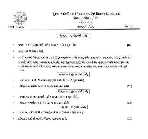 ધોરણ-10 ના બેઝિક ગણિત -બ્લ્યુપ્રિન્ટ અને નમૂનાનું પ્રશ્નપત્ર