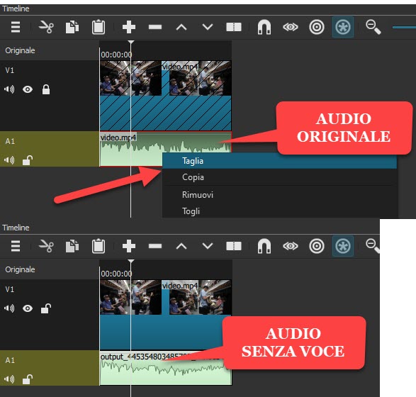 sostituzione audio originale con quello processato