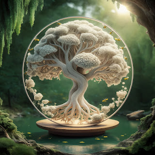 made of  silicon chips, levitating over a very small lake, in a cozy green environment surrounded by forest, tree,  fog, nature, wallpaper, background image, graphic images, ai picture, ai generated, ai images, ai nature  image, ai background, ai wallpaper,