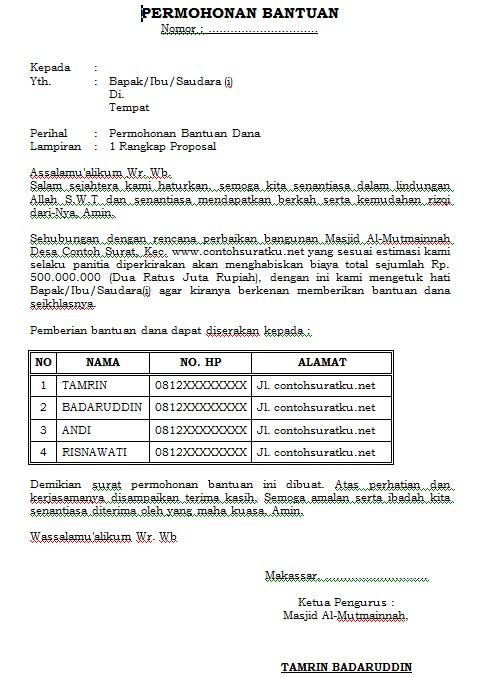 Contoh Surat Permohonan Bantuan Dalam Bentuk MS Word 