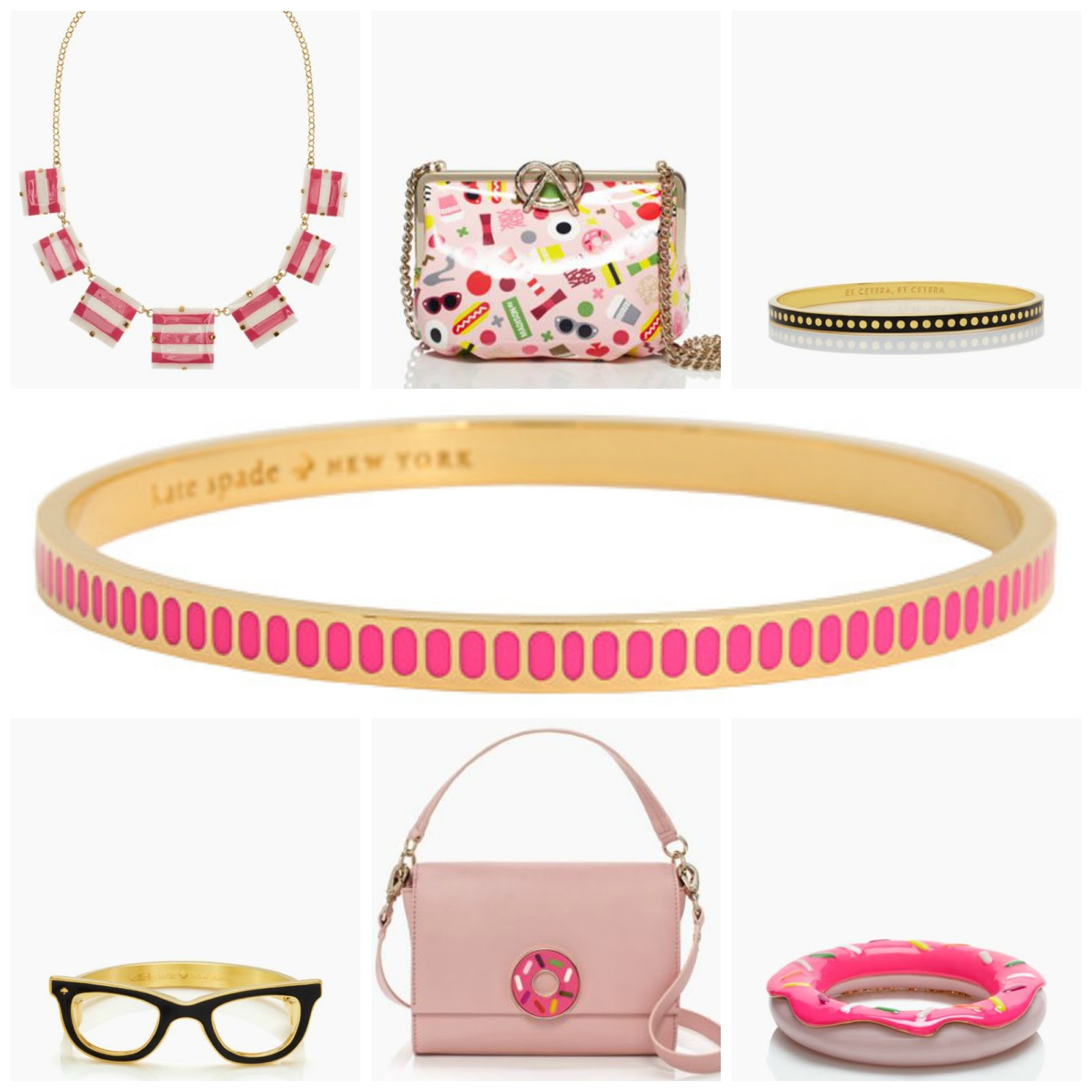 kate spade, kate spade new york, ksny, ksny x darcel, donuts, pink, black, wishlist, bangle bracelets, handbags, structured handbags, clutch, food prints