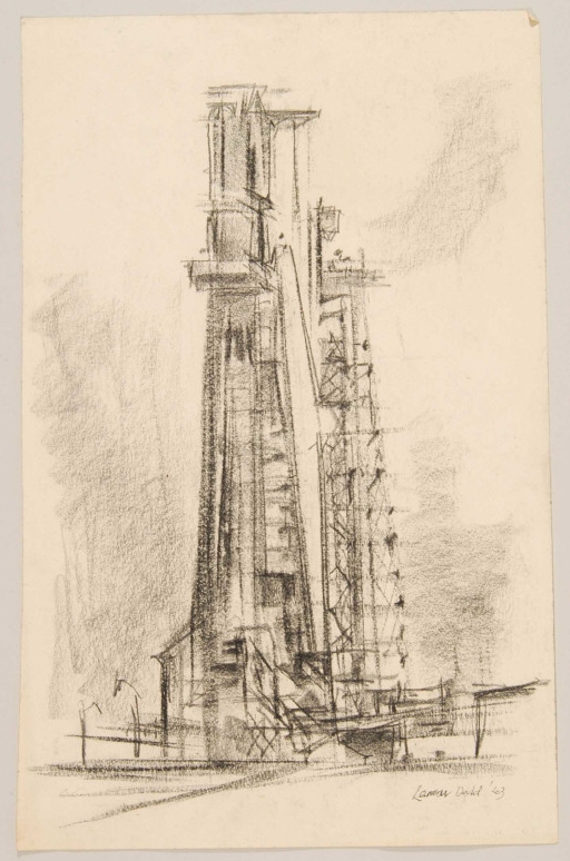 Untitled (charcoal on paper) 1963 by Lamar Dodd (img is displayed here at full-size) sketch of rocket on launch pad