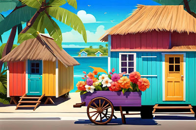 Colorful Flower Cart On Colorful Tropic Island Street