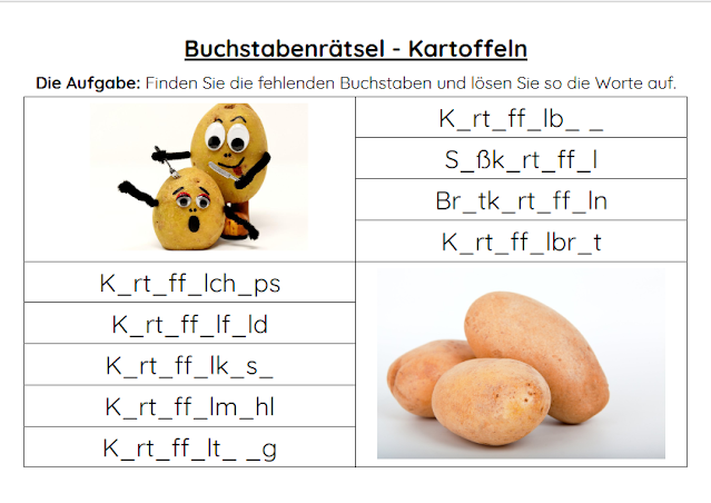 Wörterliste & Rätsel zum Wort: Kartoffel