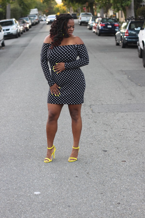 ASOS off shoulder polka dot dress, yellow strappy heels, Plus size bloggers