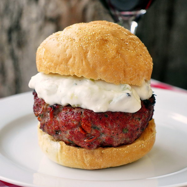 Cheese Stuffed Lamb Burgers with Lemon Mint Tzatziki