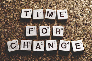 Scrabble tiles spelling out "time for change"