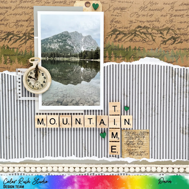 Mountain Time Grand Teton Vacation Scrapbook Layout with Stenciled Mountains and Trees Background, Die-Cut Pocket Watch, and Wood Letter Tile Title.