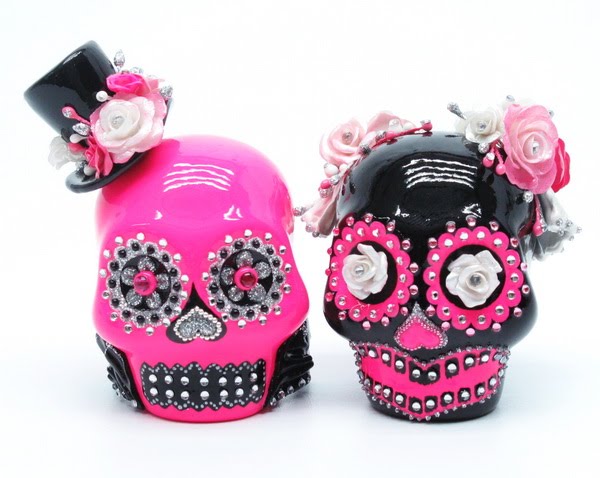 Fuchsia pink Black and silver Black skull has pink roses and white pearl 