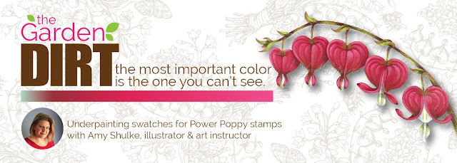 Amy from VanillaArts.com helps you add realism to Copic Marker blends by underpainting with complementary colors. Pale green marker creates natural looking shade underneath magenta markers for a beautiful Bleeding Hearts flowers. | PowerPoppy.com | #copicmarker #realisticcoloring #underpainting