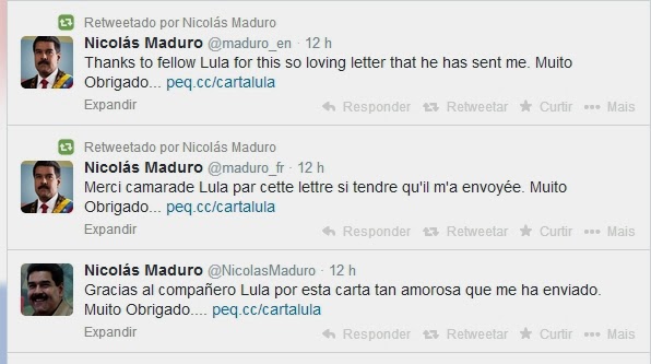 "Obrigado ao companheiro Lula por esta carta tão amorosa que me enviou" Nicolas Maduro