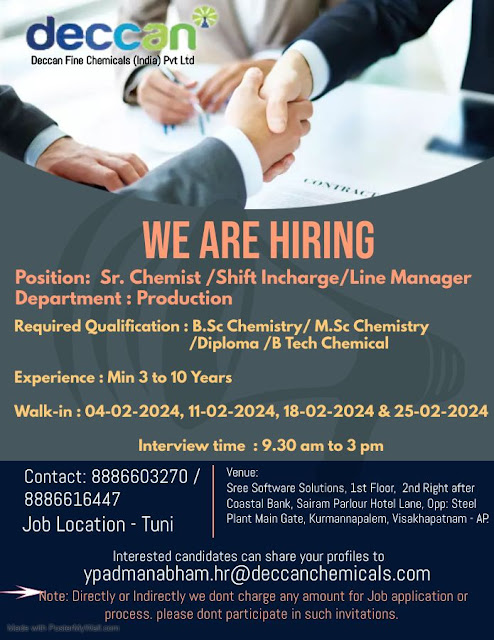 Deccan fine chemicals | Walk-in interview for Production on 11th, 18th & 25th Feb 2024