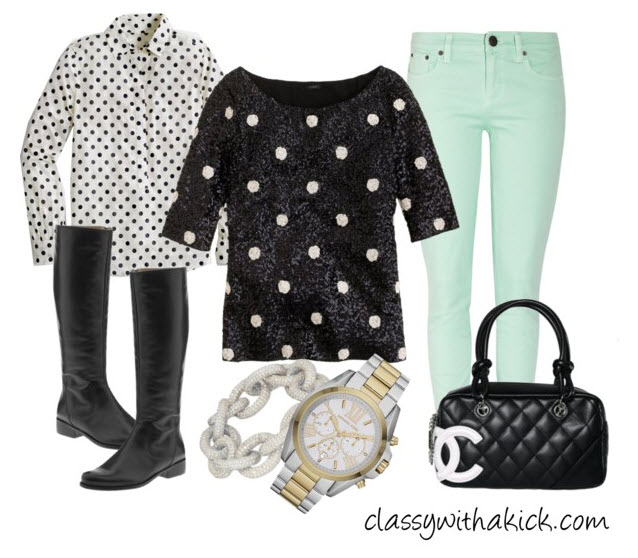 sequin polka dot shirt, polka dot blouse, mint skinnies, chanel purse, black riding boots