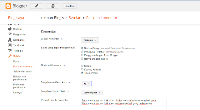 pengaturan pada pos dan komentar