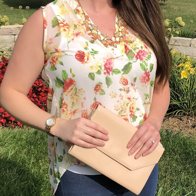 Model is wearing a summer blouse by Forever 21 along with other pieces by Lucky Brand, Nordstrom's Halogen, and Fossil.