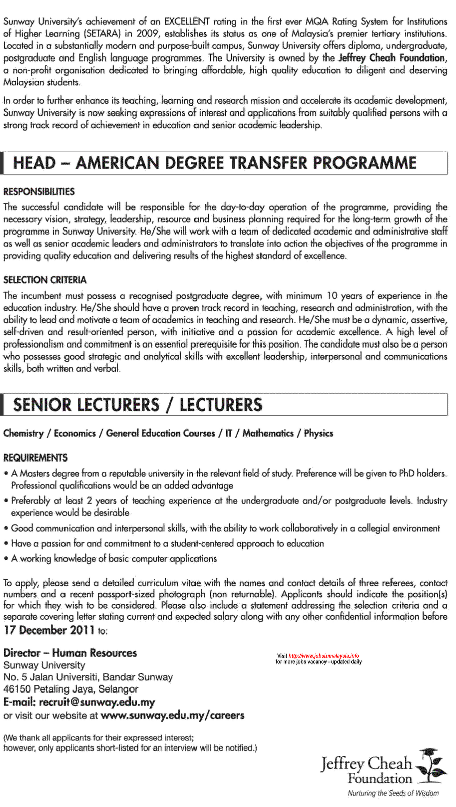 Jawatan Kosong Sunway University College