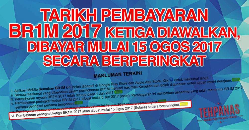 Tarikh Bayaran Ketiga BR1M 2017 Diawalkan, Mulai 15 Ogos 