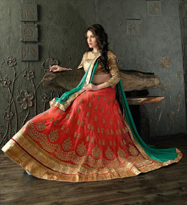 Embroidered Orange color Lehnga with Perot color Dupatta with Brocade Blouse