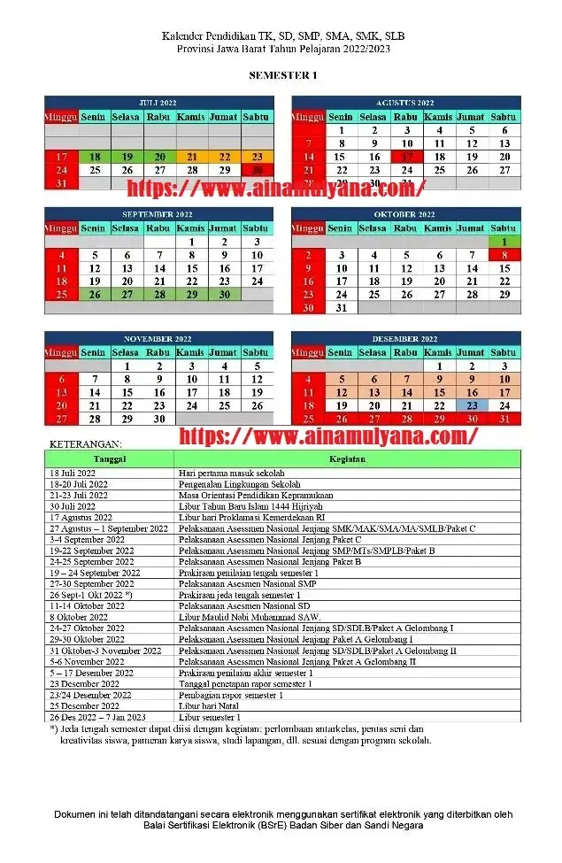 Kalender Pendidikan Provinsi Jawa Barat (Jabar) Tahun Pelajaran 2022/2023 Jenjang SD SMP SMA SMK SLB