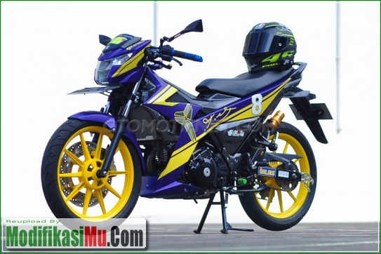  Modifikasi  Satria  F Yu F150 2016 Warna  Ungu  Kuning Mewah 