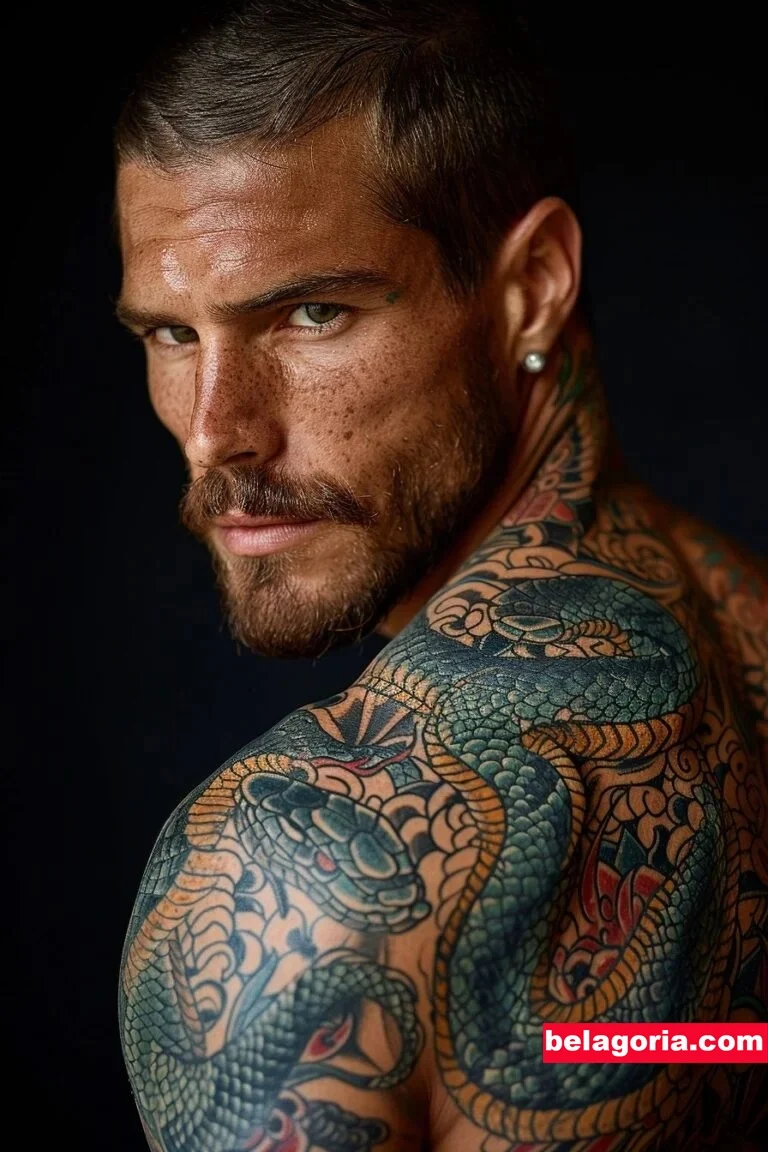 Un modelo masculino con tatuaje de serpiente a todo color