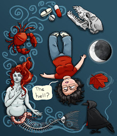 I'm floating upside down in blue space, surrounded by dreamlike imagery of a crow wearing a cloak, a close-up of a crescent moon, a wolf's skull, pills, a crab, and a mermaid with pale, corpse-like skin. The mermaid's human half is intact but her fish half is nothing but bone. Her organs hang out of her human torso. I look confused and mutter "The hell?"