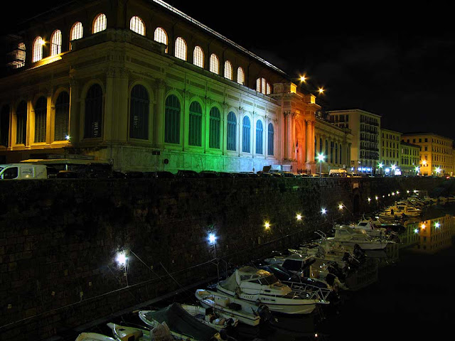 Central Market illuminated by tricolour floodlights, Livorno