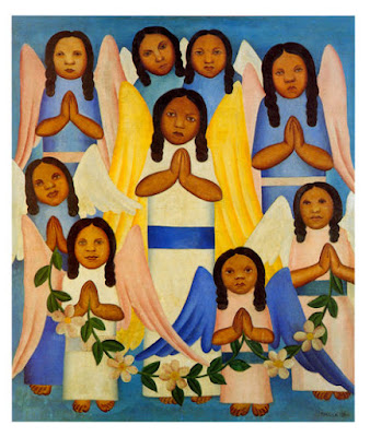 quadro com varias crianças vestidas de anjo com as mãos juntas como se estivessem orando