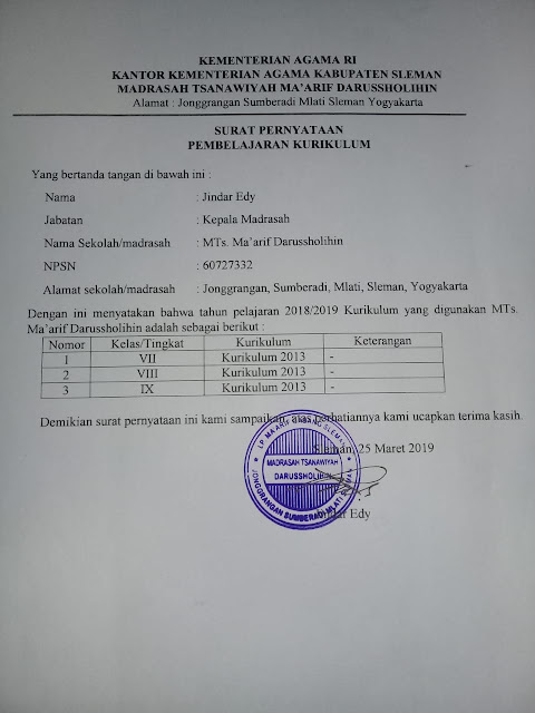 Contoh Surat Pernyataan Pembelajaran Kurikulum