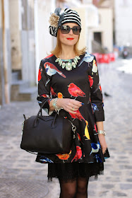 sheinside birds print dress, Unica striped hat, Givenchy Antigona bag, Fashion and Cookies, fashion blogger