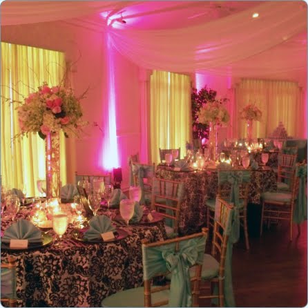 Wedding Decor Custom Ceiling Treatments and Chiffon Backdrop at the 