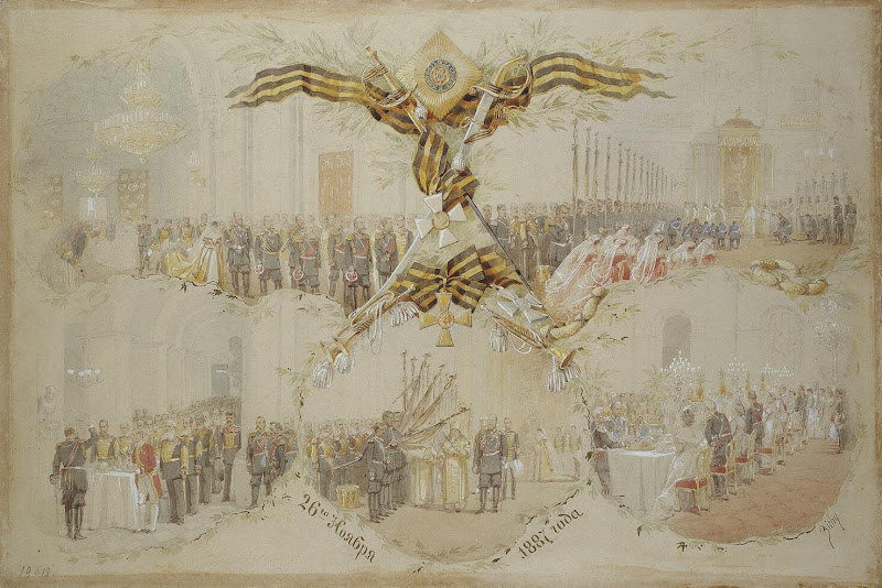 Celebration of the Day of St George in the Winter Palace on 26 November 1887 by Mihaly Zichy - History Drawings from Hermitage Museum