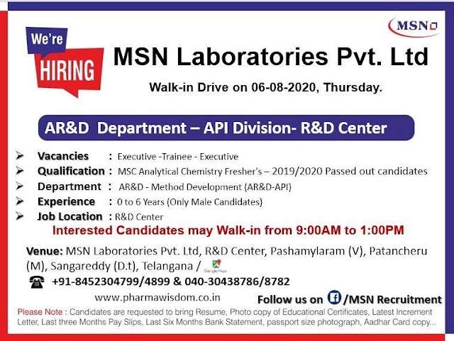 MSN Laboratories | Walk-in for R&D department at Hyderabad on 6&7 Aug 2020