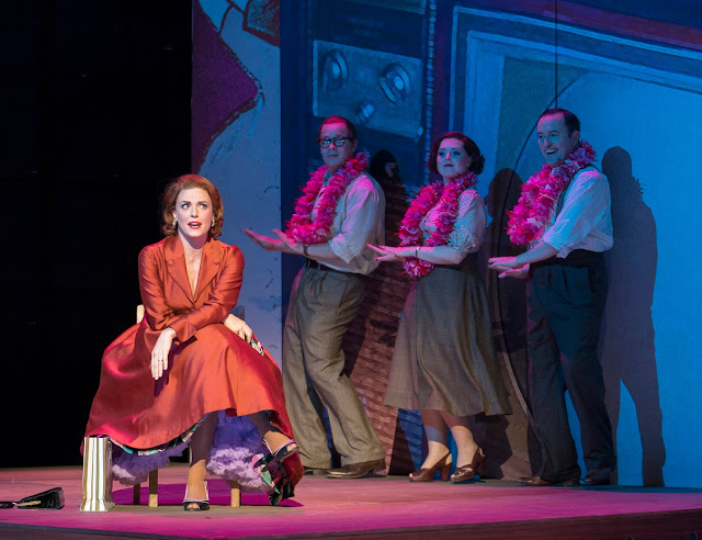 Opera North’s production of Bernstein’s Trouble in Tahiti, Autumn 2017 Wallis Giunta as Dinah with Nicholas Butterfield, Fflur Wyn and Joseph Shovelton as the Trio (Photo Alastair Muir)